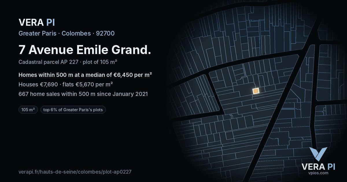 7 Avenue Emile Grand, Colombes at night – the plot lit, the parcels around coloured by the prices near them