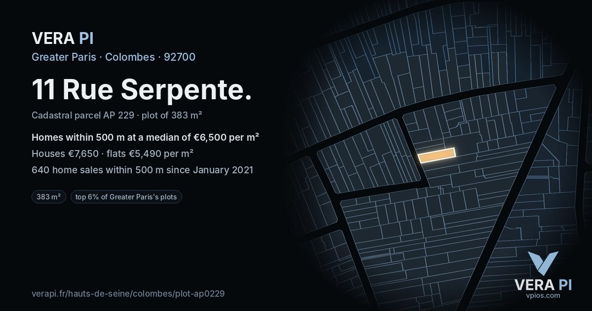 11 Rue Serpente, Colombes at night – the plot lit, the parcels around coloured by the prices near them