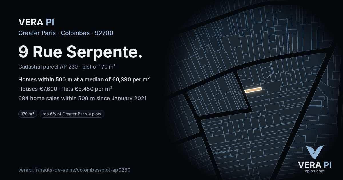 9 Rue Serpente, Colombes at night – the plot lit, the parcels around coloured by the prices near them