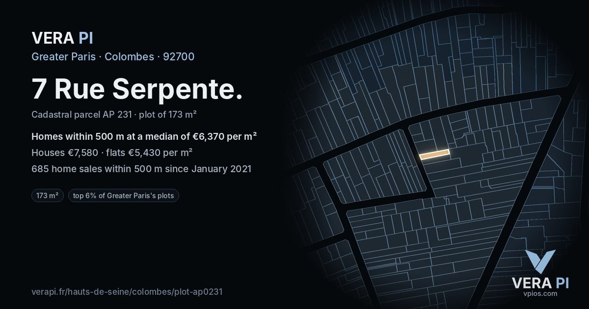 7 Rue Serpente, Colombes at night – the plot lit, the parcels around coloured by the prices near them