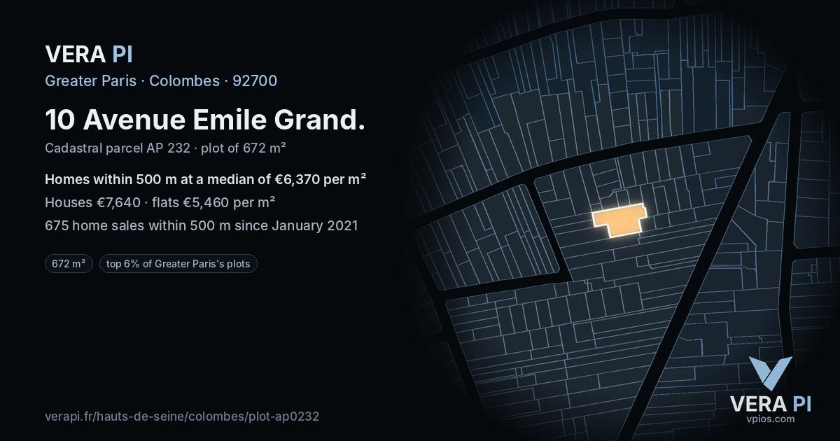 10 Avenue Emile Grand, Colombes at night – the plot lit, the parcels around coloured by the prices near them