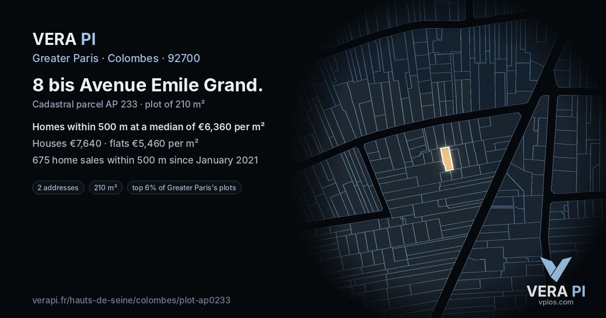 8 bis Avenue Emile Grand, Colombes at night – the plot lit, the parcels around coloured by the prices near them