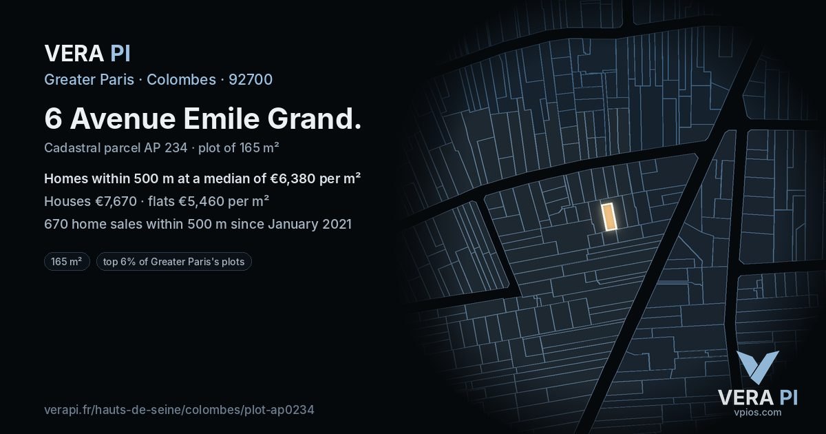 6 Avenue Emile Grand, Colombes at night – the plot lit, the parcels around coloured by the prices near them