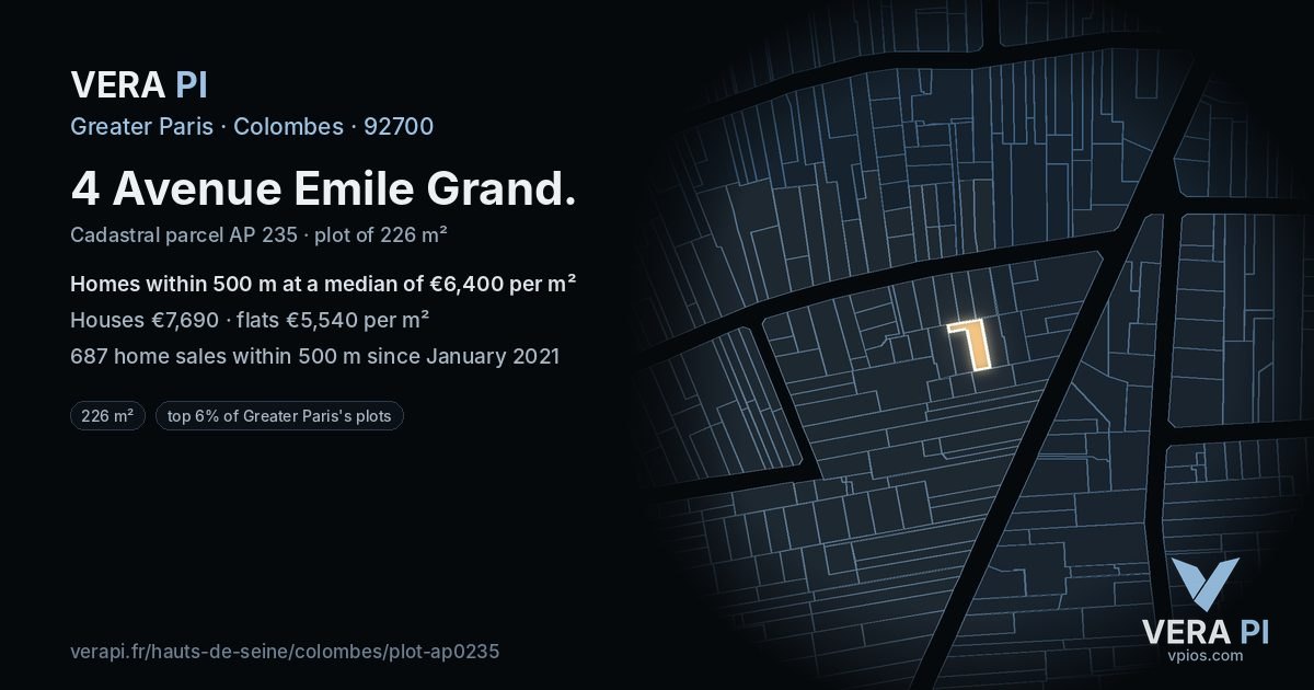 4 Avenue Emile Grand, Colombes at night – the plot lit, the parcels around coloured by the prices near them