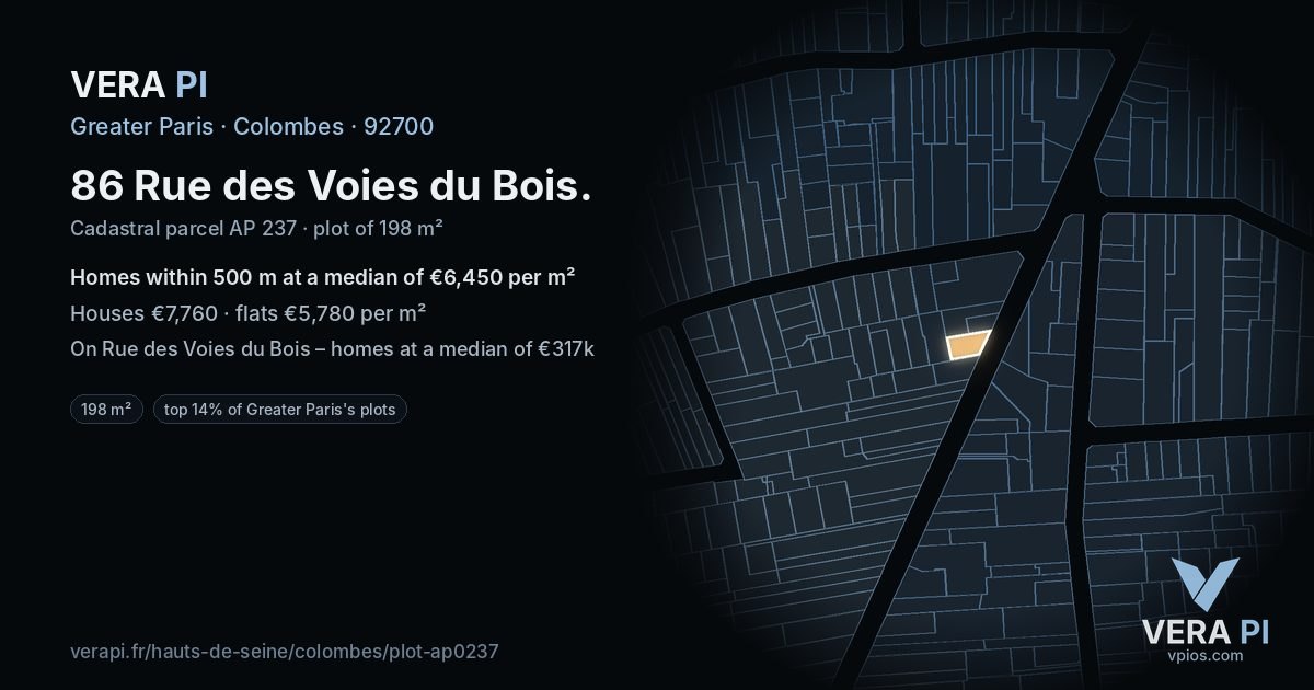 86 Rue des Voies du Bois, Colombes at night – the plot lit, the parcels around coloured by the prices near them