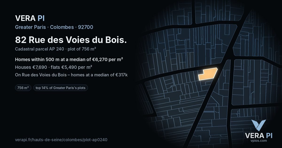 82 Rue des Voies du Bois, Colombes at night – the plot lit, the parcels around coloured by the prices near them