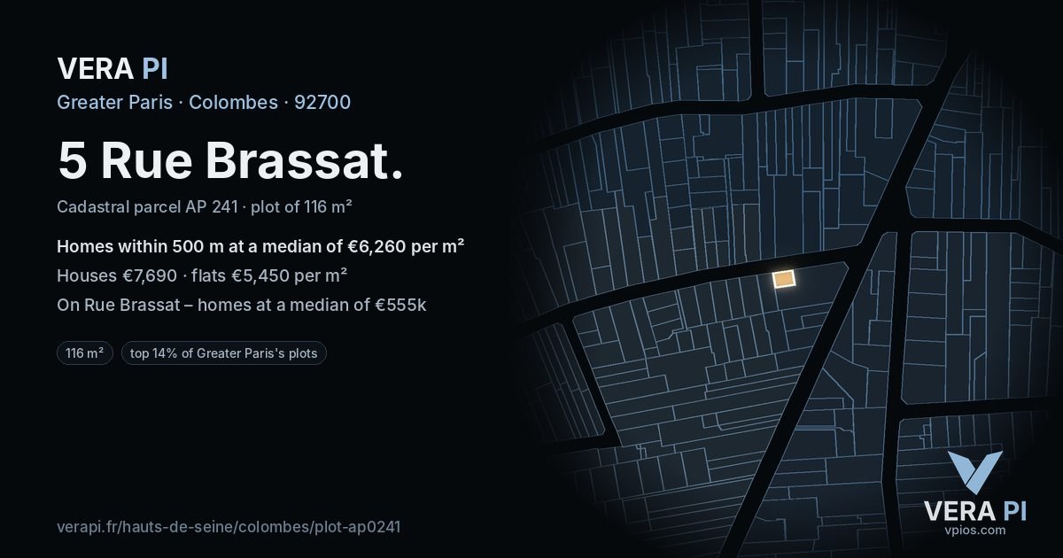 5 Rue Brassat, Colombes at night – the plot lit, the parcels around coloured by the prices near them