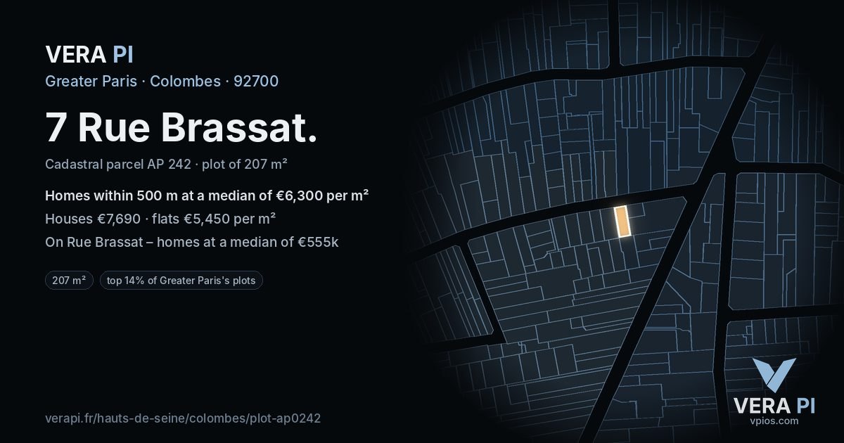 7 Rue Brassat, Colombes at night – the plot lit, the parcels around coloured by the prices near them