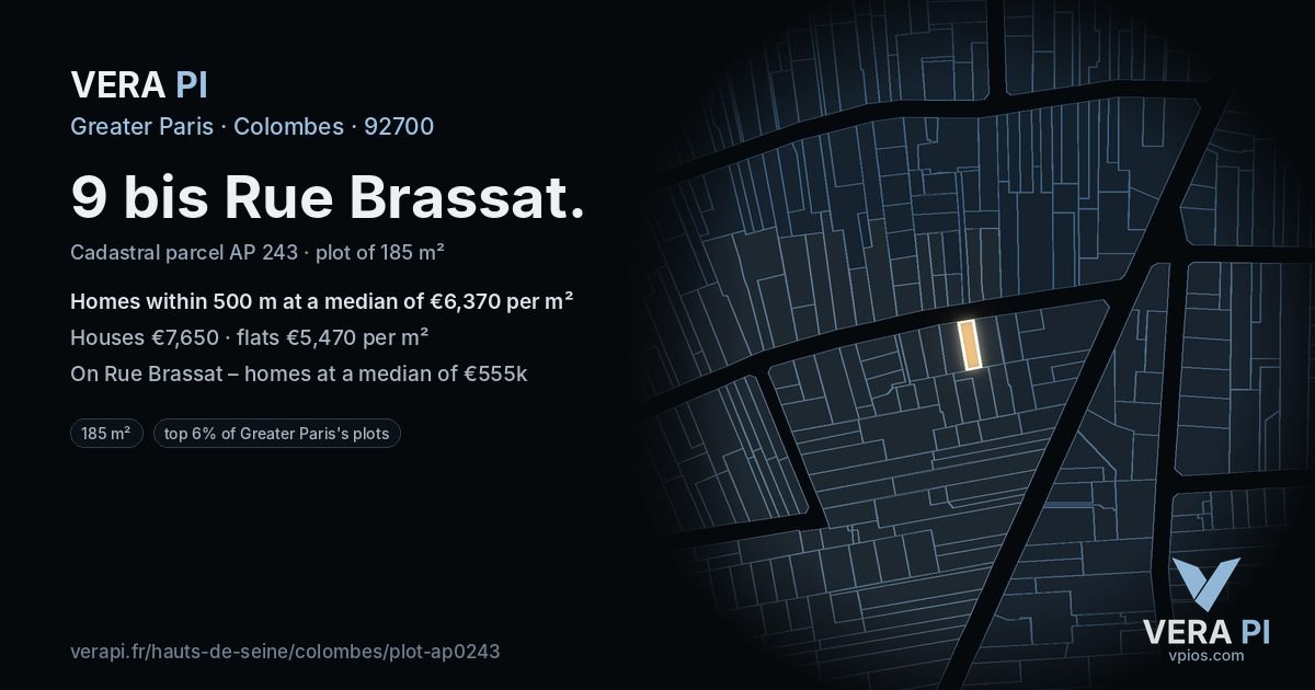 9 bis Rue Brassat, Colombes at night – the plot lit, the parcels around coloured by the prices near them
