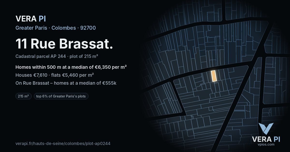 11 Rue Brassat, Colombes at night – the plot lit, the parcels around coloured by the prices near them