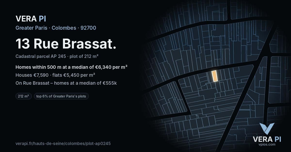 13 Rue Brassat, Colombes at night – the plot lit, the parcels around coloured by the prices near them