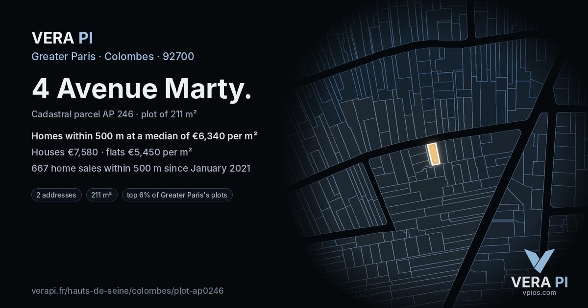 4 Avenue Marty, Colombes at night – the plot lit, the parcels around coloured by the prices near them