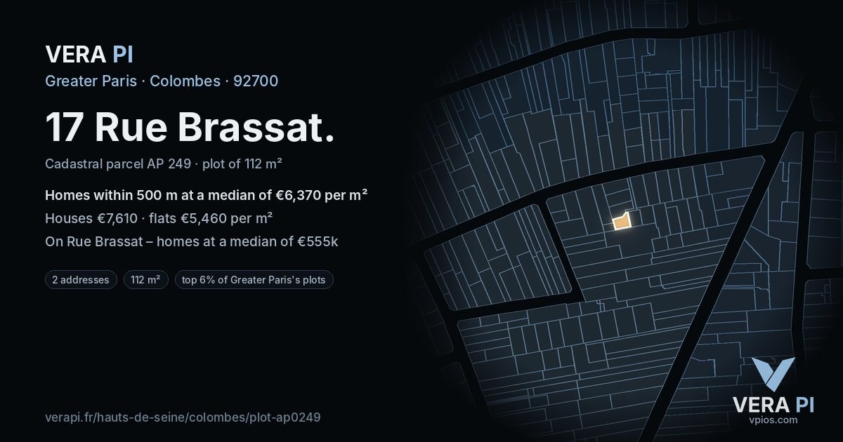 17 Rue Brassat, Colombes at night – the plot lit, the parcels around coloured by the prices near them
