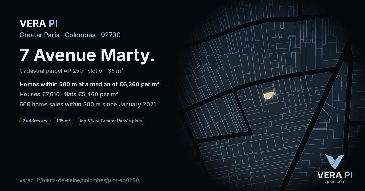 7 Avenue Marty, Colombes at night – the plot lit, the parcels around coloured by the prices near them