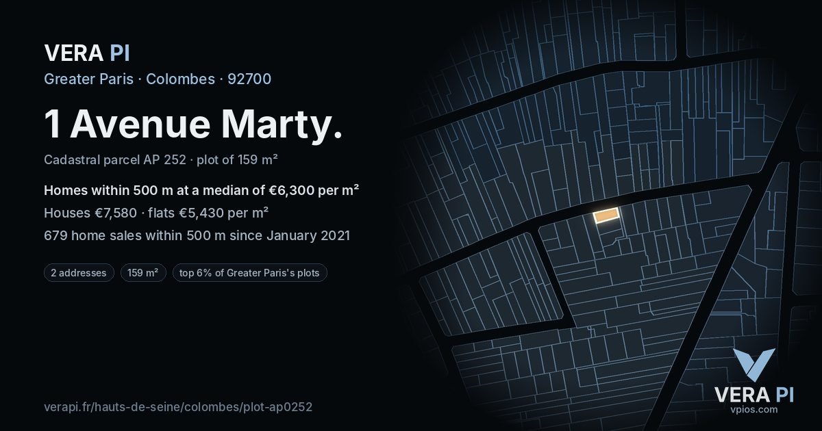 1 Avenue Marty, Colombes at night – the plot lit, the parcels around coloured by the prices near them
