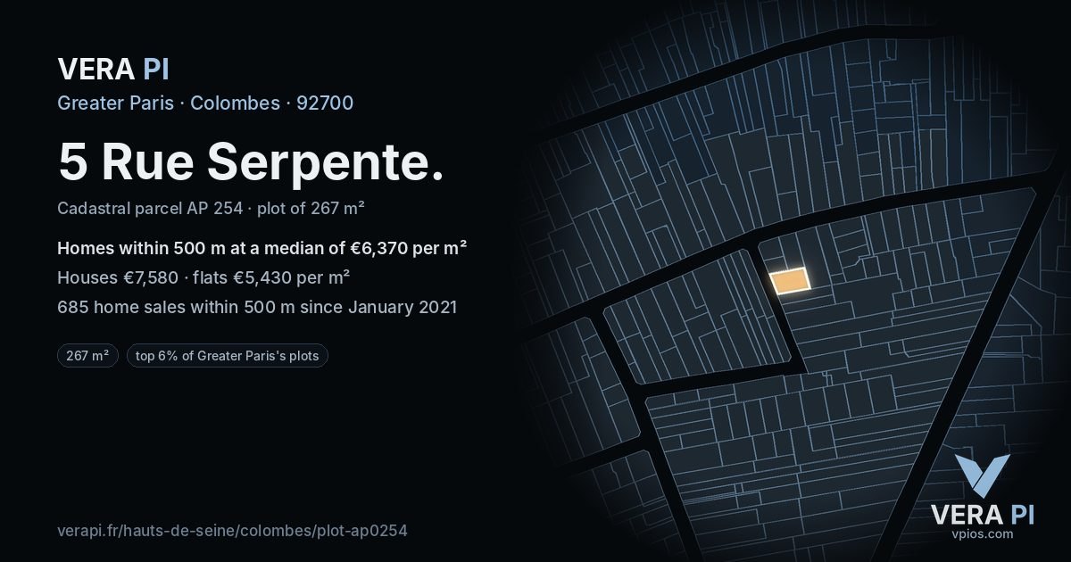 5 Rue Serpente, Colombes at night – the plot lit, the parcels around coloured by the prices near them