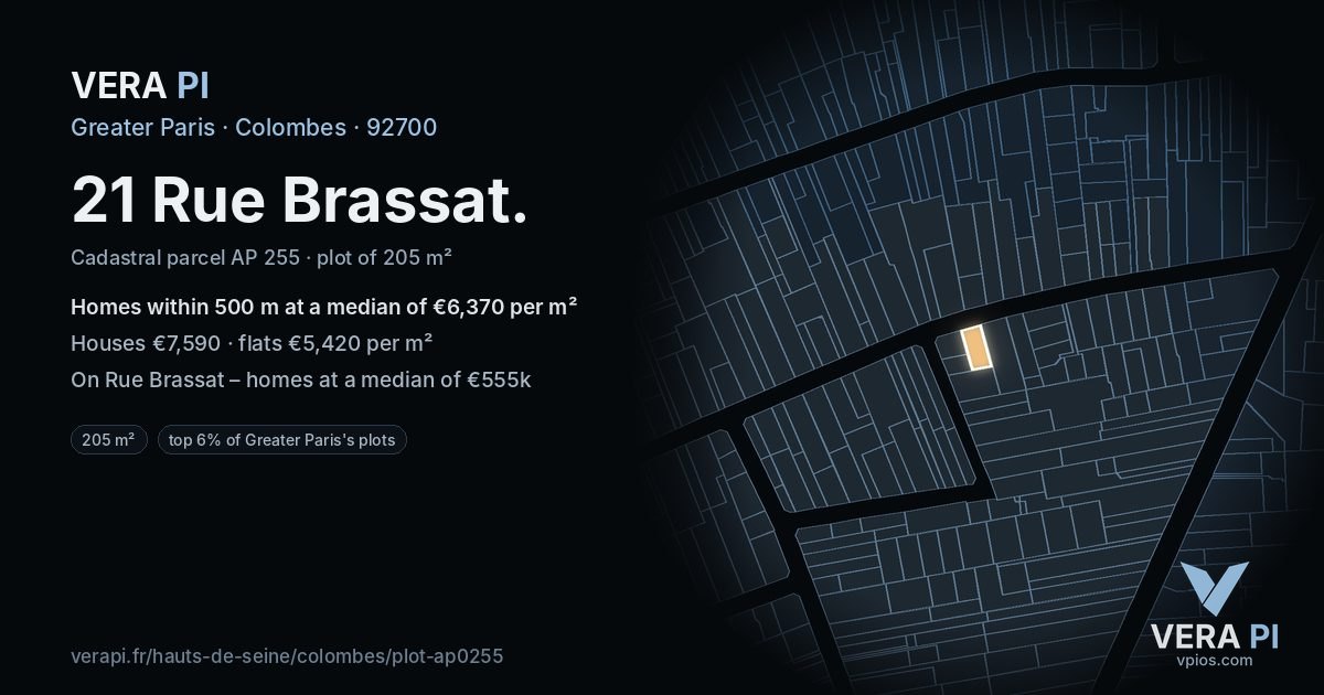 21 Rue Brassat, Colombes at night – the plot lit, the parcels around coloured by the prices near them