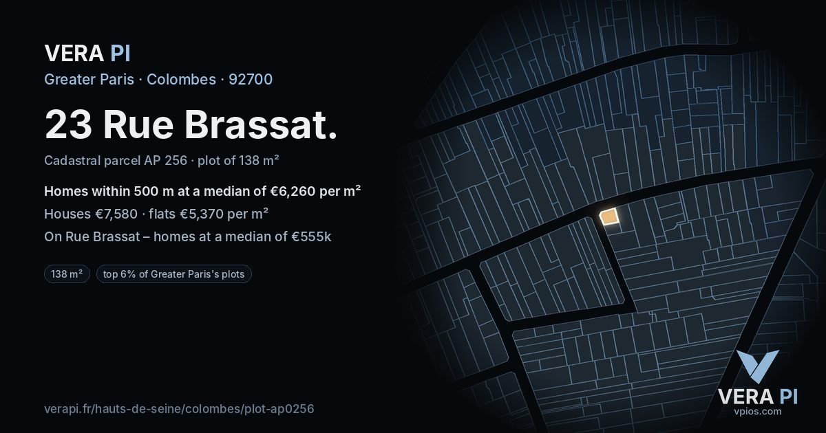 23 Rue Brassat, Colombes at night – the plot lit, the parcels around coloured by the prices near them