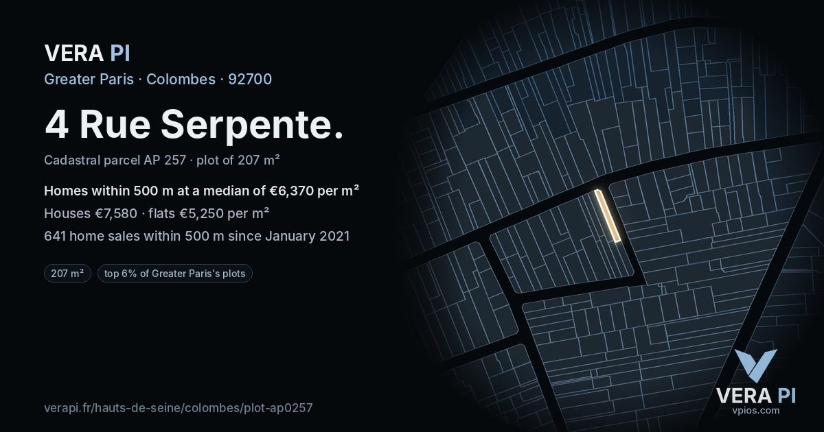 4 Rue Serpente, Colombes at night – the plot lit, the parcels around coloured by the prices near them