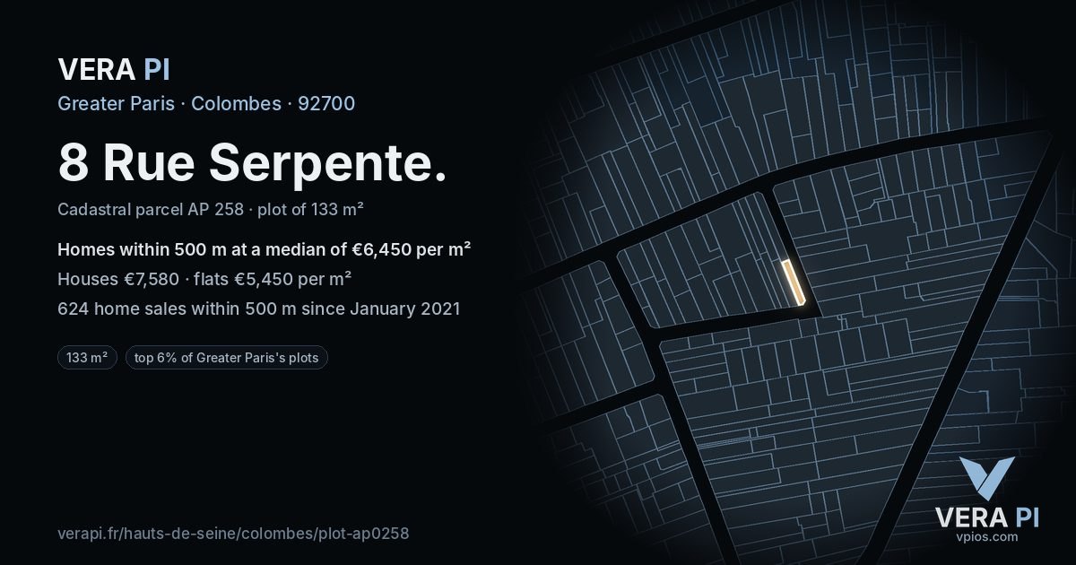 8 Rue Serpente, Colombes at night – the plot lit, the parcels around coloured by the prices near them