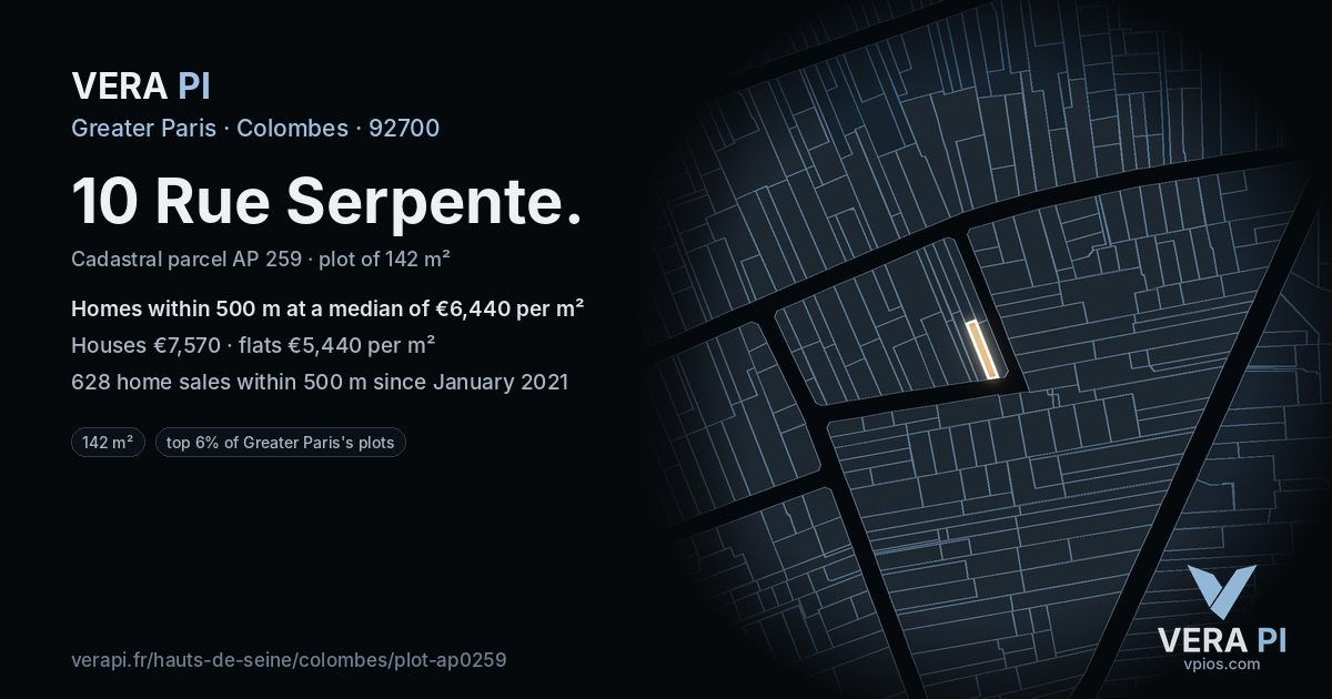 10 Rue Serpente, Colombes at night – the plot lit, the parcels around coloured by the prices near them