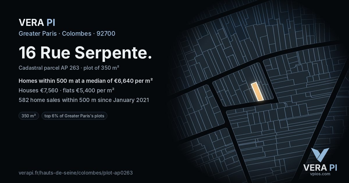 16 Rue Serpente, Colombes at night – the plot lit, the parcels around coloured by the prices near them