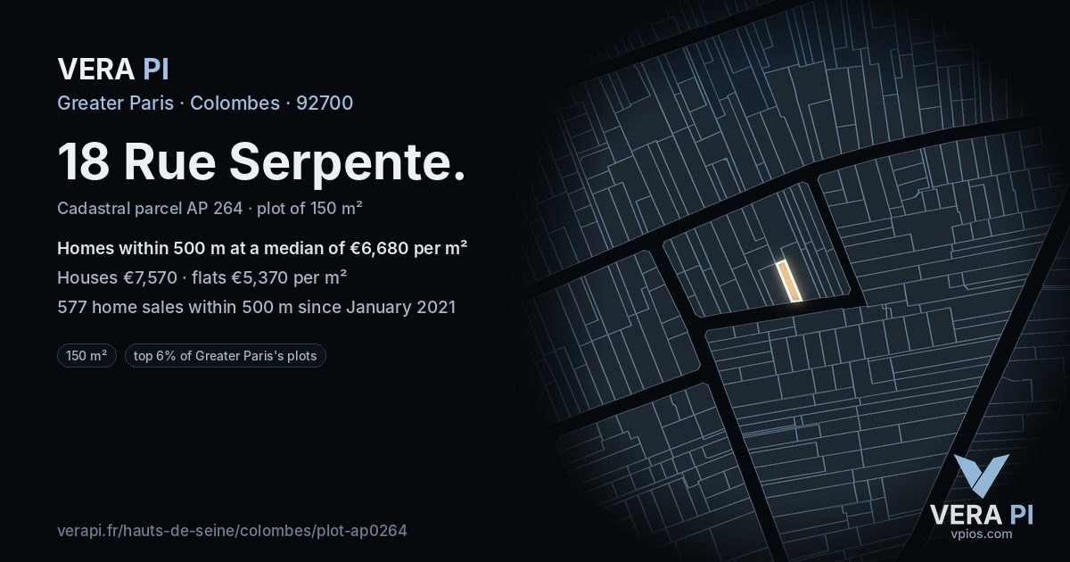 18 Rue Serpente, Colombes at night – the plot lit, the parcels around coloured by the prices near them