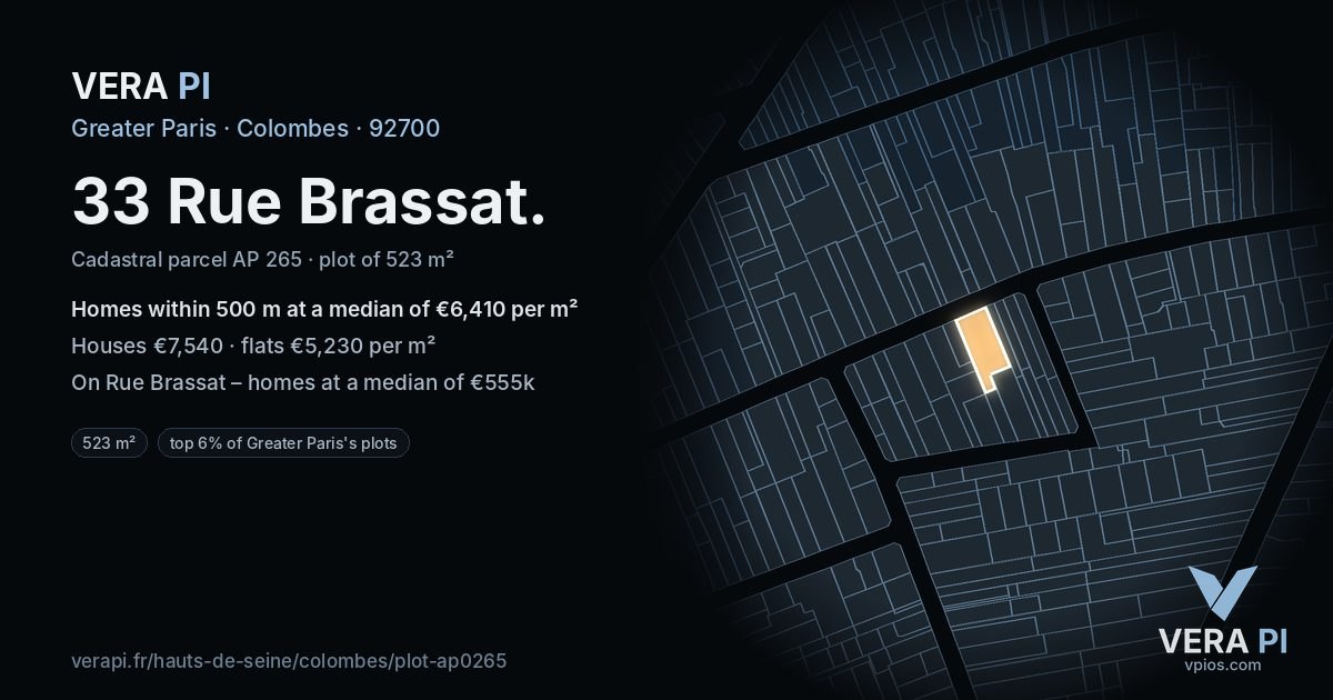 33 Rue Brassat, Colombes at night – the plot lit, the parcels around coloured by the prices near them