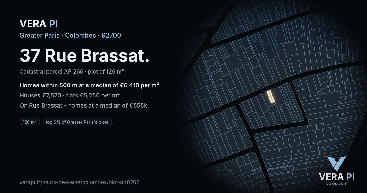 37 Rue Brassat, Colombes at night – the plot lit, the parcels around coloured by the prices near them