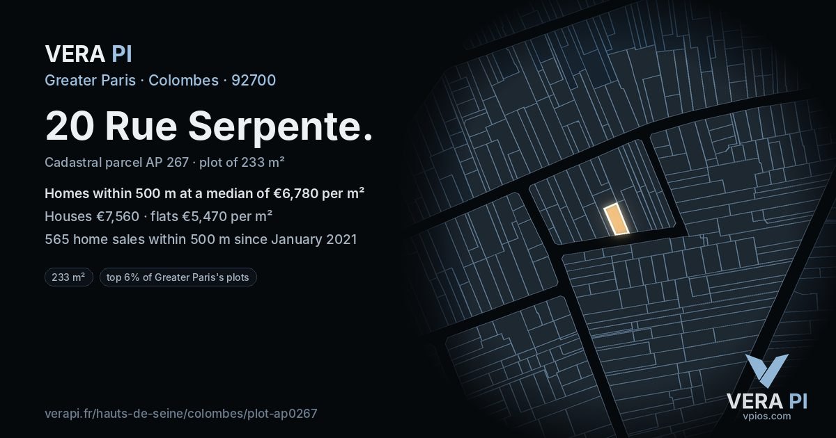 20 Rue Serpente, Colombes at night – the plot lit, the parcels around coloured by the prices near them