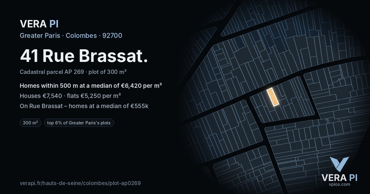 41 Rue Brassat, Colombes at night – the plot lit, the parcels around coloured by the prices near them