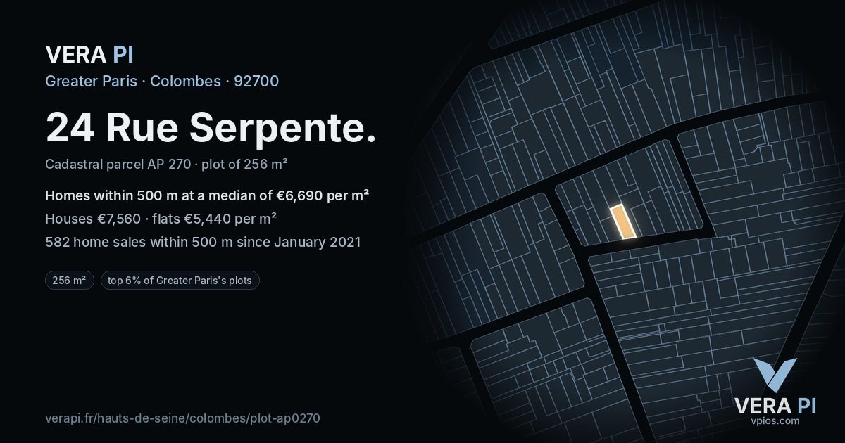 24 Rue Serpente, Colombes at night – the plot lit, the parcels around coloured by the prices near them