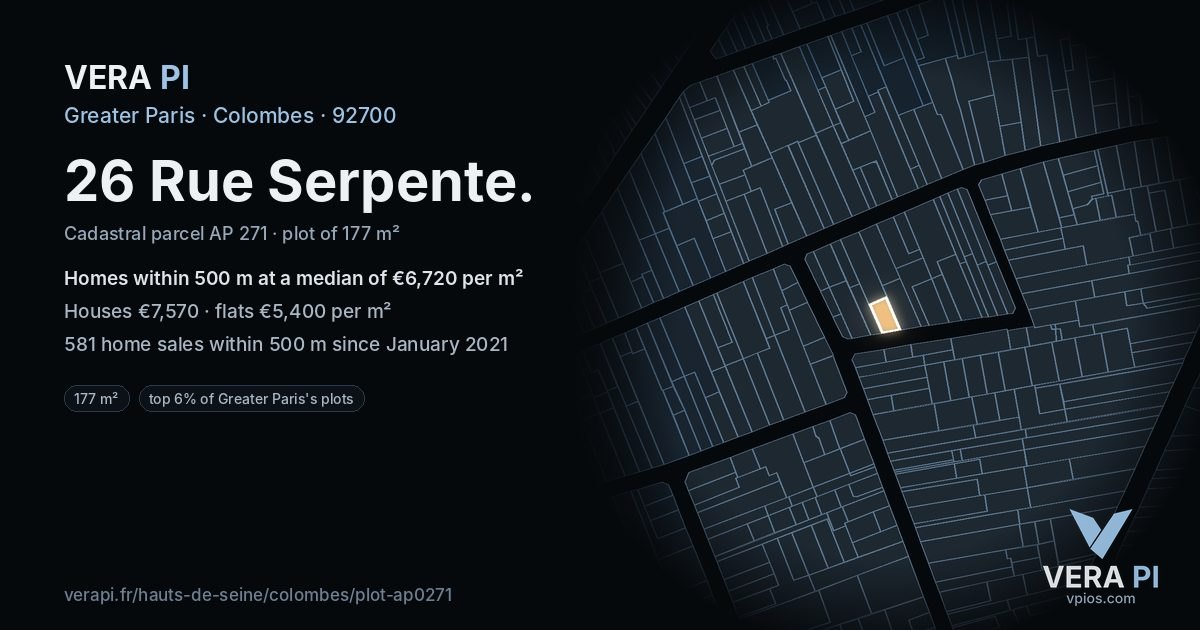 26 Rue Serpente, Colombes at night – the plot lit, the parcels around coloured by the prices near them