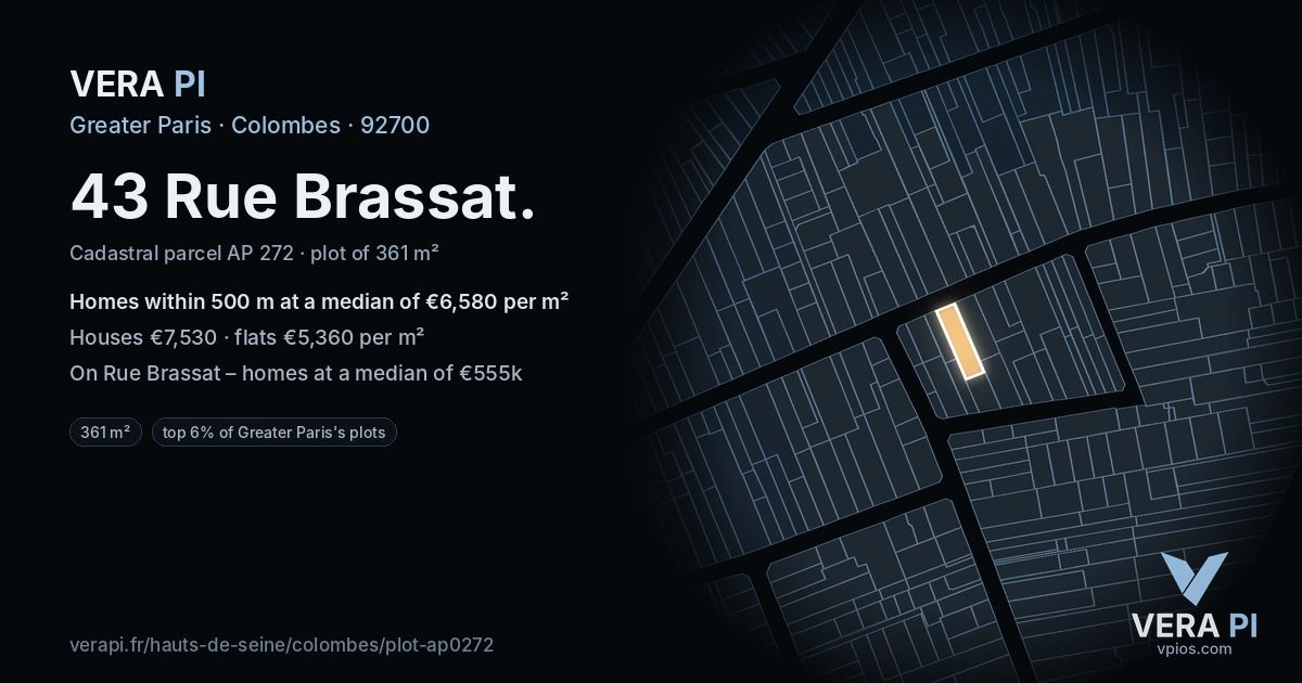 43 Rue Brassat, Colombes at night – the plot lit, the parcels around coloured by the prices near them