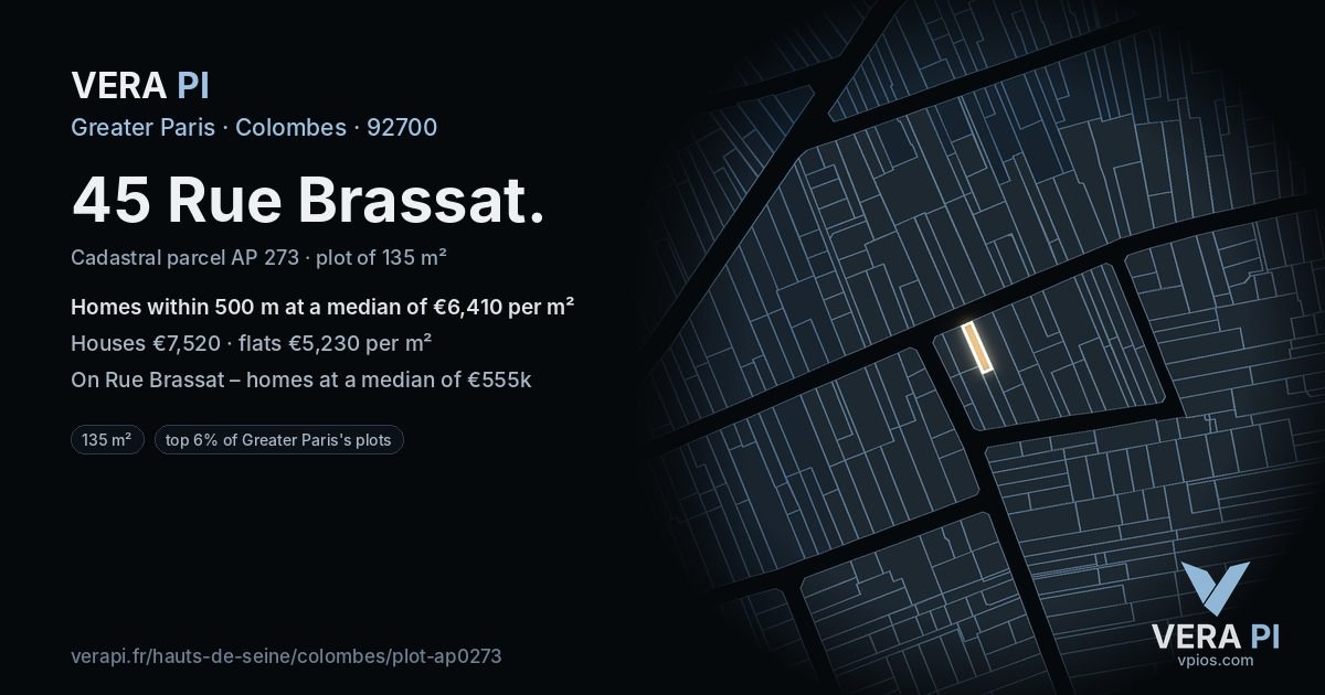 45 Rue Brassat, Colombes at night – the plot lit, the parcels around coloured by the prices near them