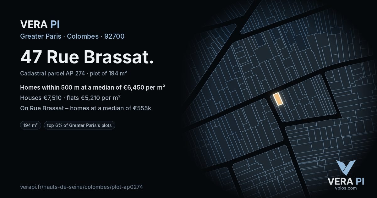 47 Rue Brassat, Colombes at night – the plot lit, the parcels around coloured by the prices near them
