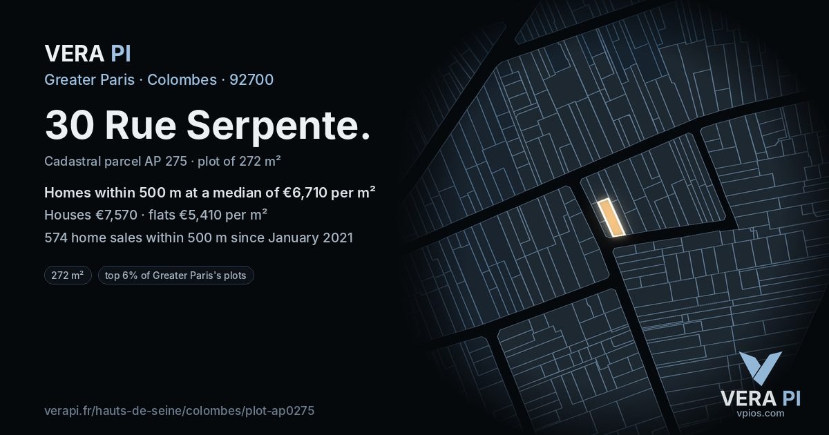 30 Rue Serpente, Colombes at night – the plot lit, the parcels around coloured by the prices near them