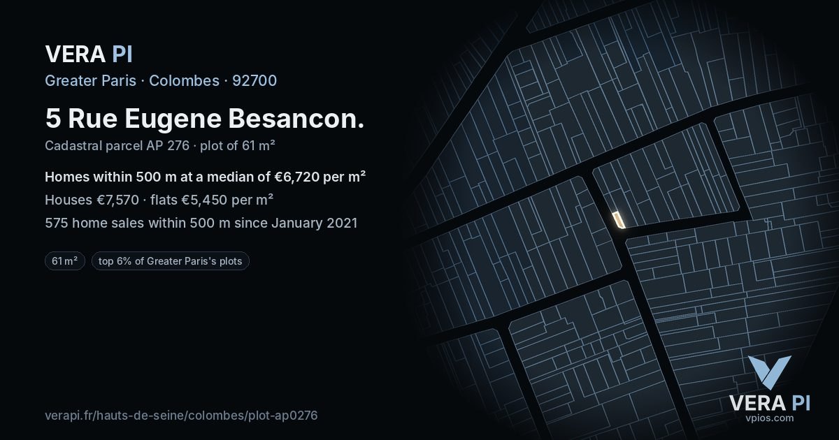 5 Rue Eugene Besancon, Colombes at night – the plot lit, the parcels around coloured by the prices near them