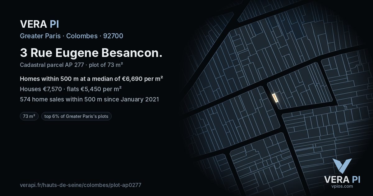 3 Rue Eugene Besancon, Colombes at night – the plot lit, the parcels around coloured by the prices near them