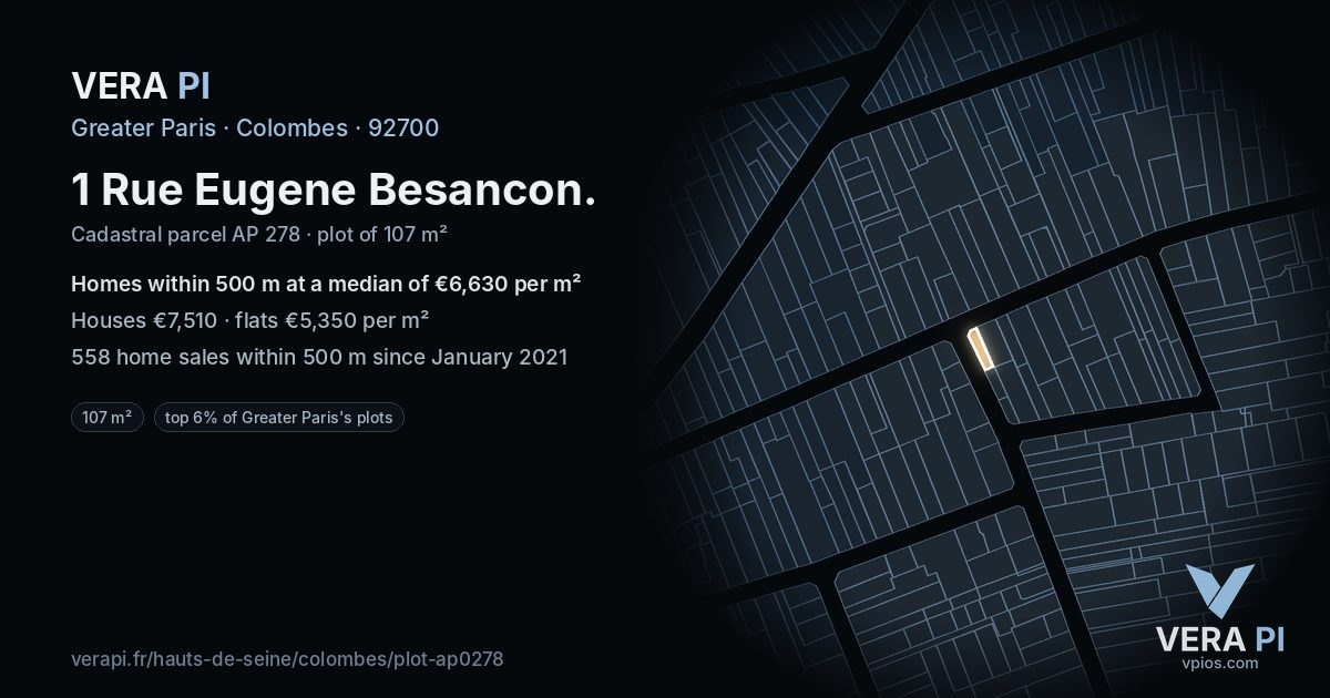 1 Rue Eugene Besancon, Colombes at night – the plot lit, the parcels around coloured by the prices near them