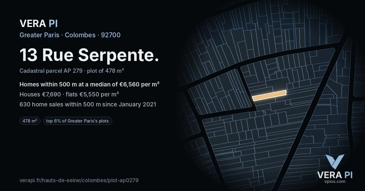 13 Rue Serpente, Colombes at night – the plot lit, the parcels around coloured by the prices near them