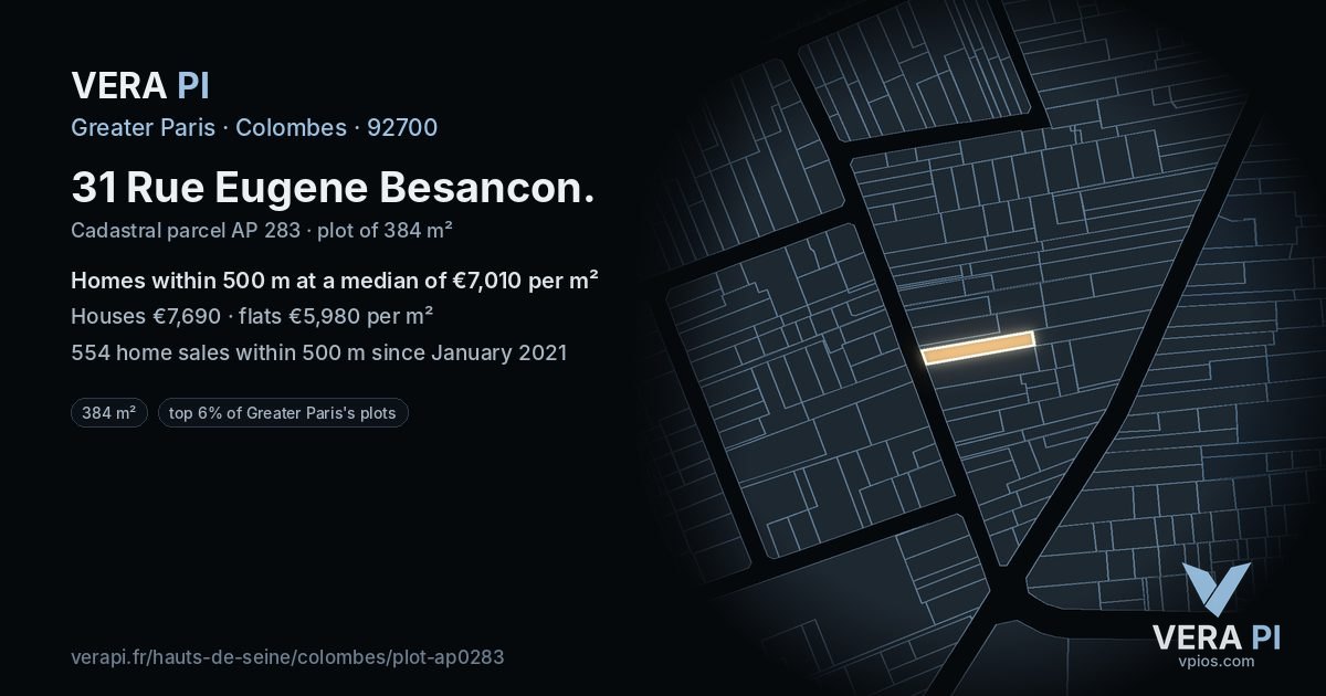 31 Rue Eugene Besancon, Colombes at night – the plot lit, the parcels around coloured by the prices near them