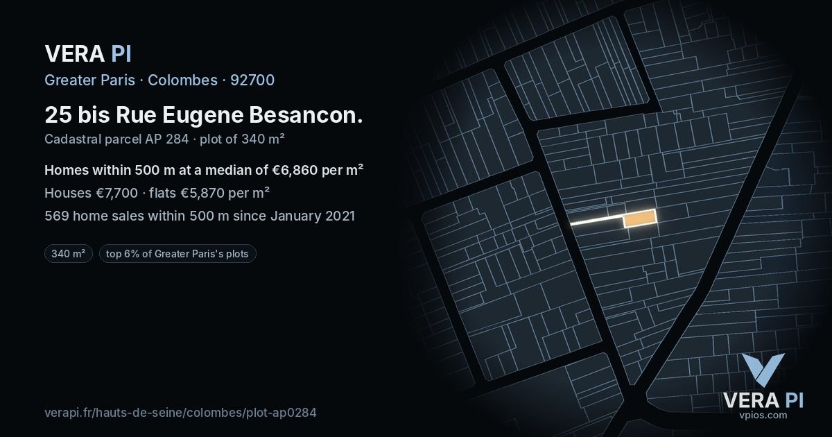 25 bis Rue Eugene Besancon, Colombes at night – the plot lit, the parcels around coloured by the prices near them