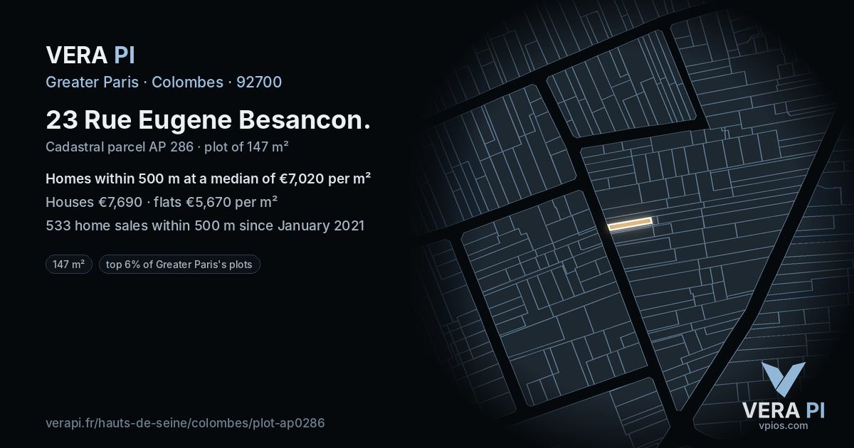 23 Rue Eugene Besancon, Colombes at night – the plot lit, the parcels around coloured by the prices near them
