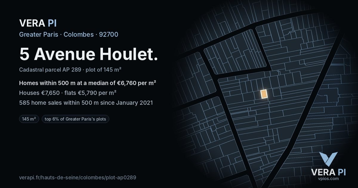 5 Avenue Houlet, Colombes at night – the plot lit, the parcels around coloured by the prices near them