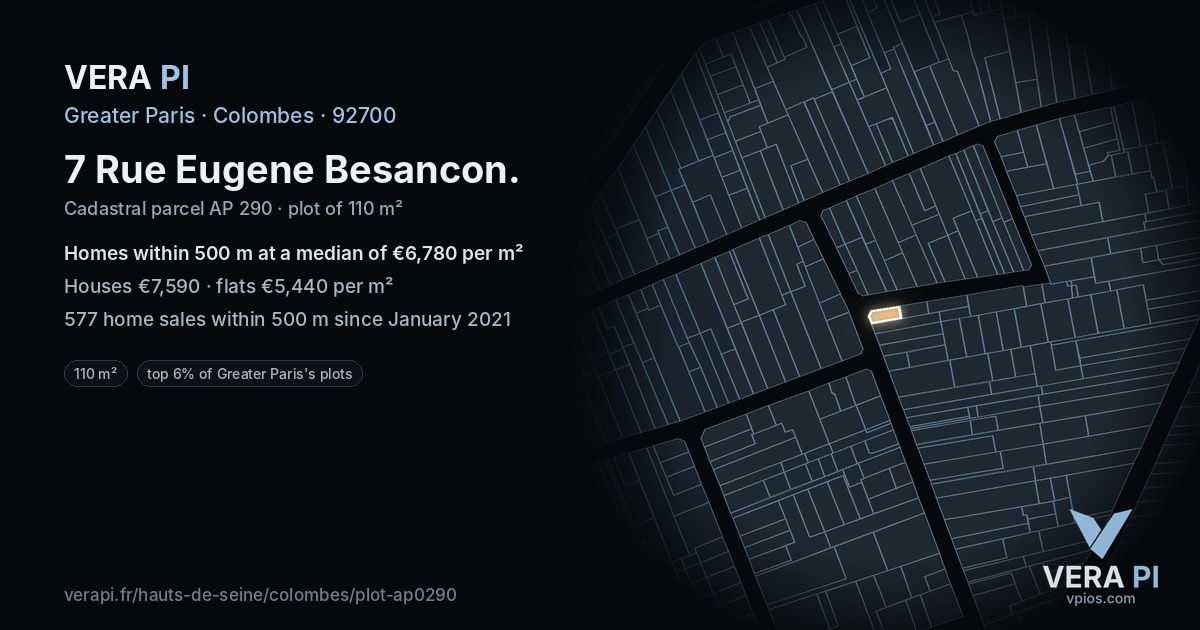 7 Rue Eugene Besancon, Colombes at night – the plot lit, the parcels around coloured by the prices near them