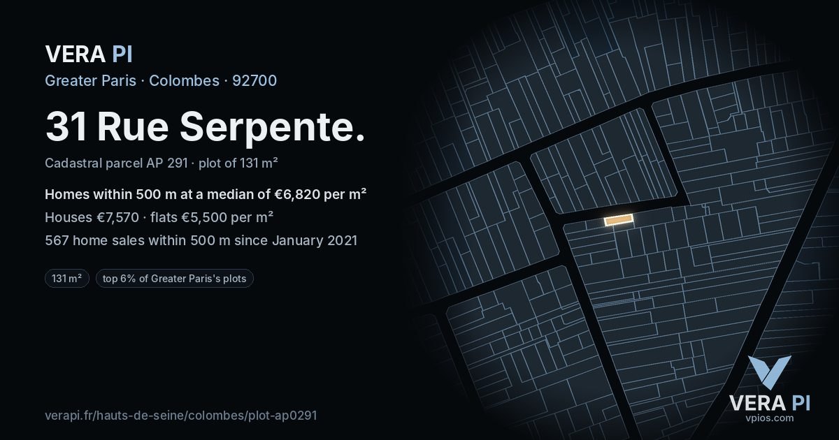 31 Rue Serpente, Colombes at night – the plot lit, the parcels around coloured by the prices near them