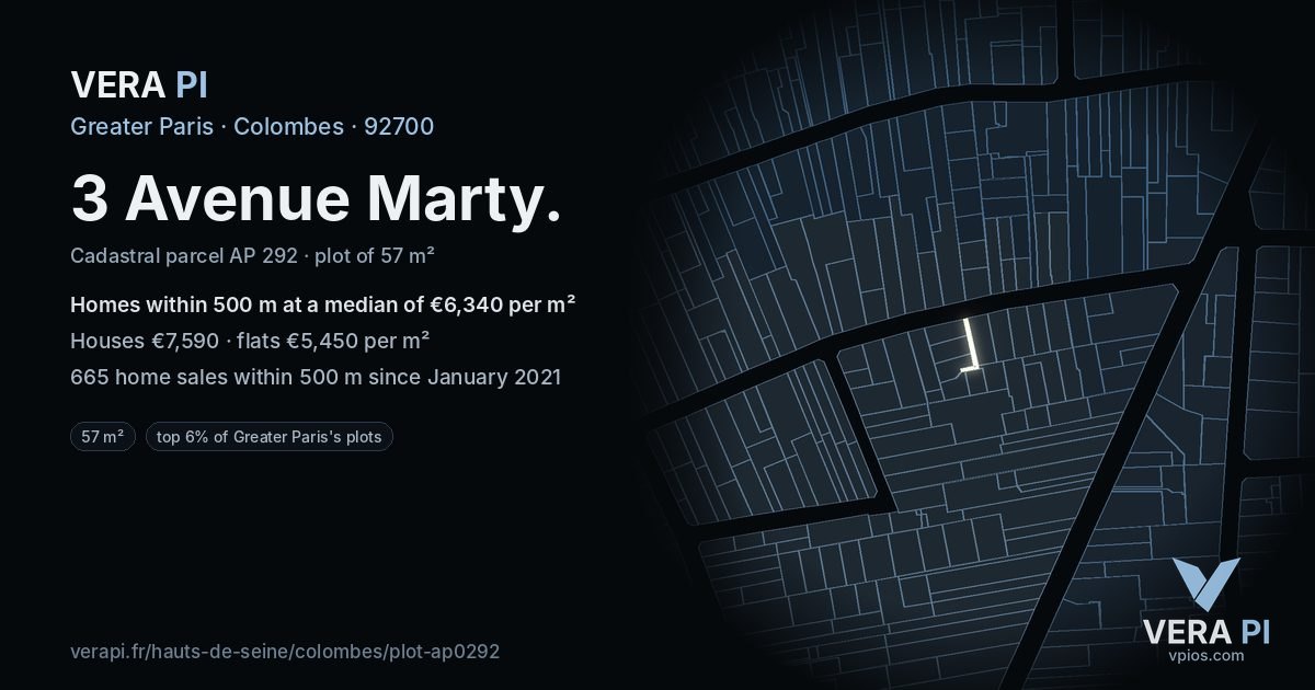 3 Avenue Marty, Colombes at night – the plot lit, the parcels around coloured by the prices near them