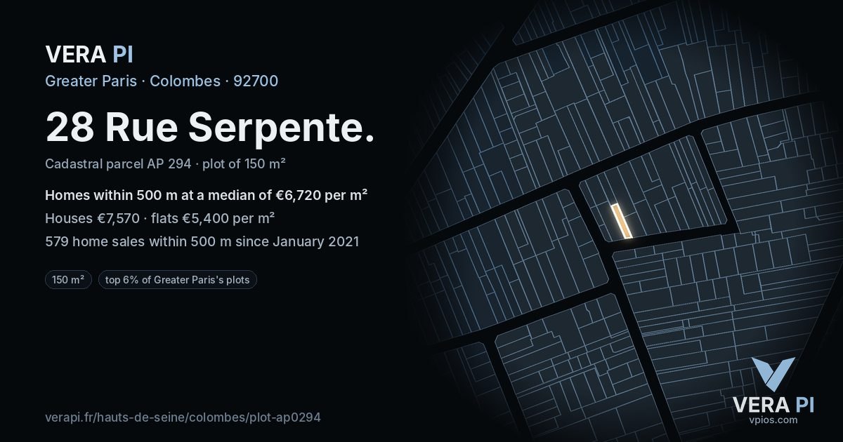 28 Rue Serpente, Colombes at night – the plot lit, the parcels around coloured by the prices near them