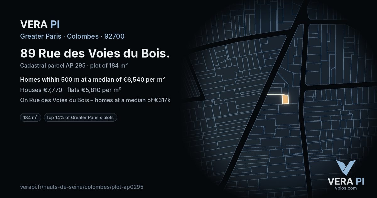 89 Rue des Voies du Bois, Colombes at night – the plot lit, the parcels around coloured by the prices near them